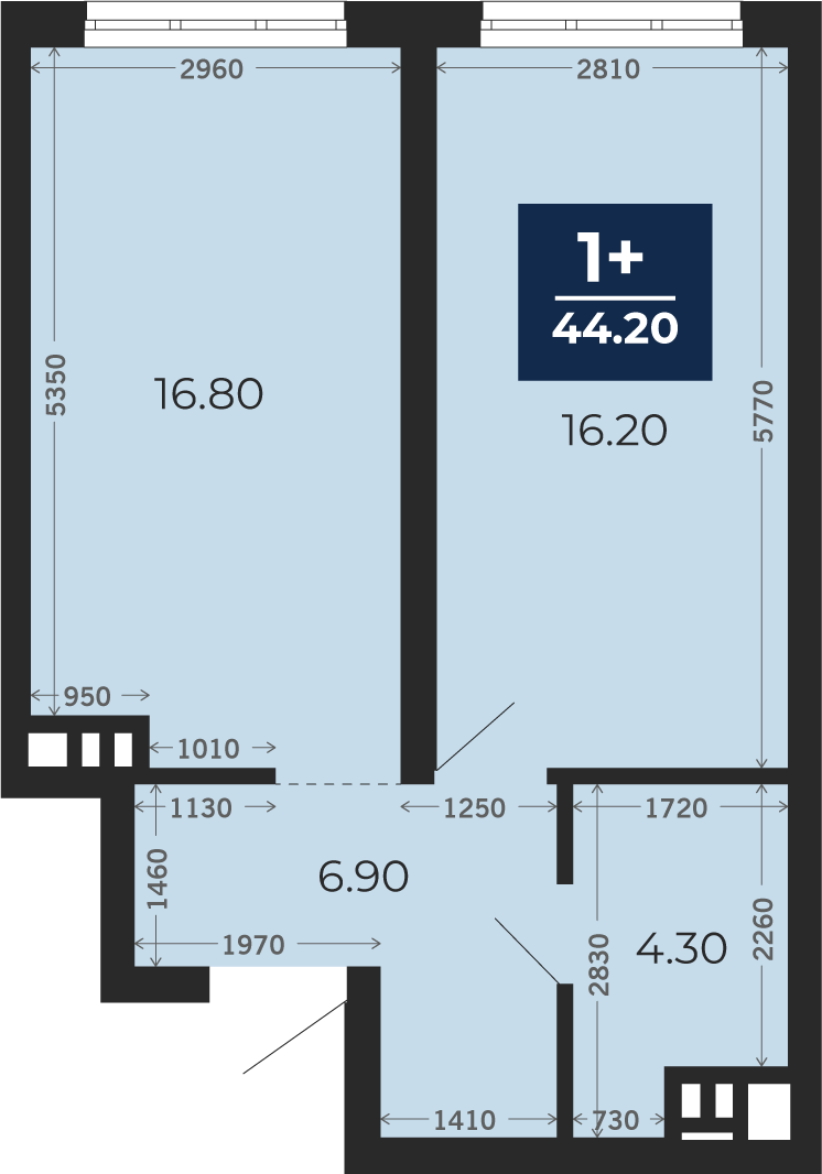 Квартира № 88, 1-комнатная, 44.2 кв. м, 1 этаж