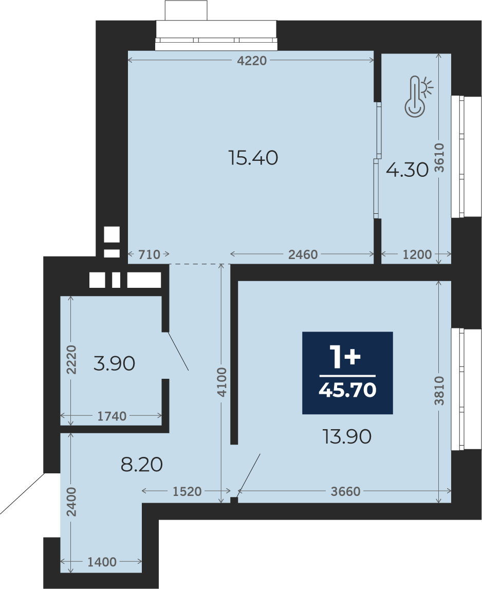 Квартира № 59, 1-комнатная, 45.7 кв. м, 5 этаж