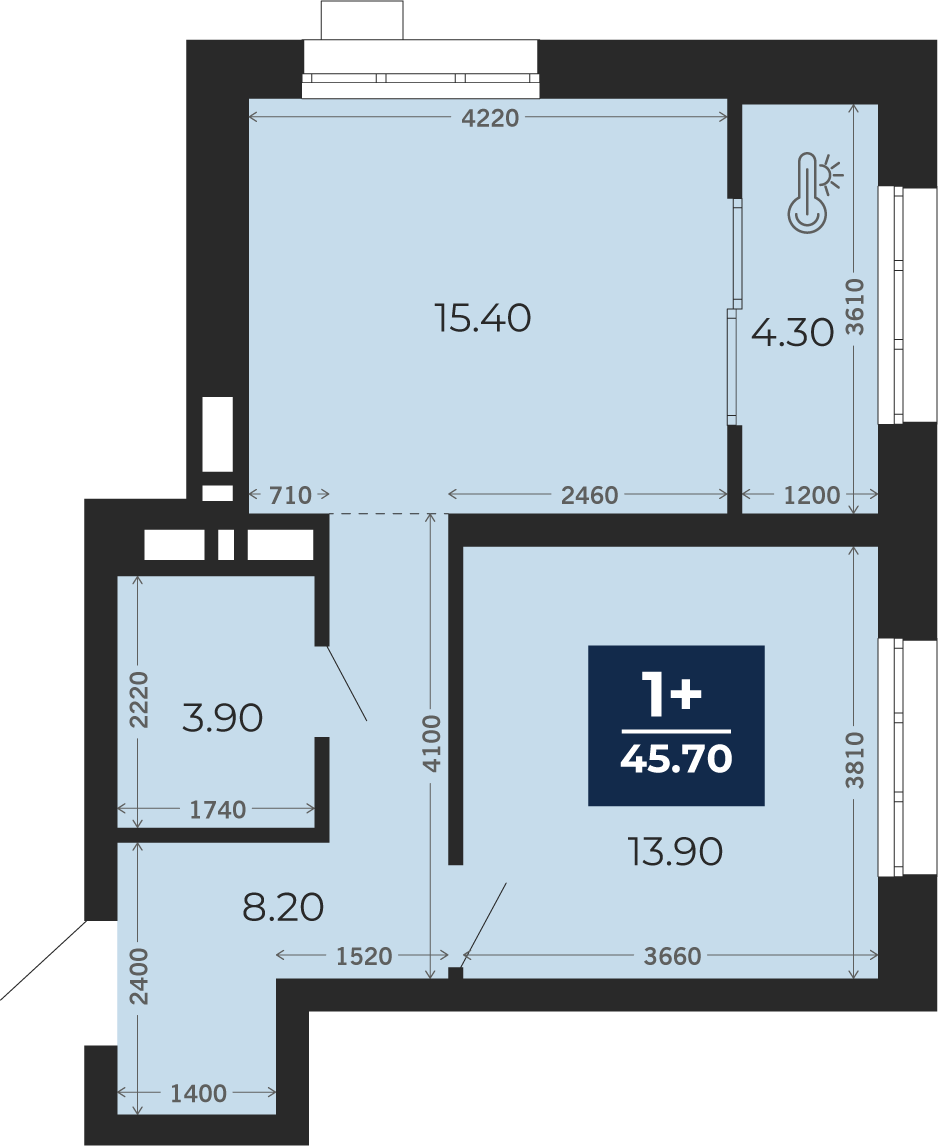 Квартира № 99, 1-комнатная, 45.7 кв. м, 13 этаж