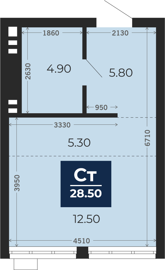 Квартира № 93, Студия, 28.5 кв. м, 2 этаж